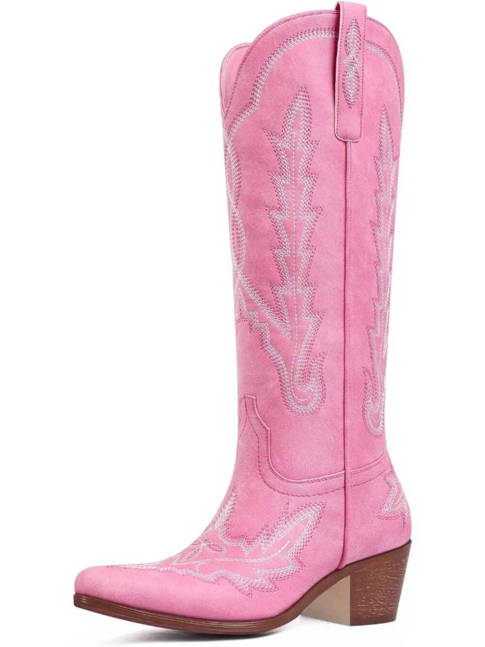 Women's Pink Knee High Classic Embroidered Pull On Pointed Toe Chunky Heel Boot